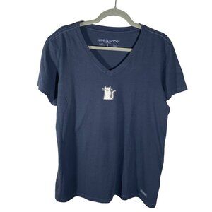 Life Is Good cat Womens V neck Crusher Tee slate Blue Cat Graphic L outdoor